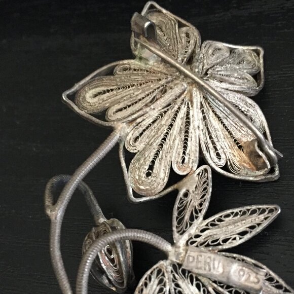 VINTAGE PERU 1890s SILVER 925 FLOWER BROOCH - Picture 6 of 6